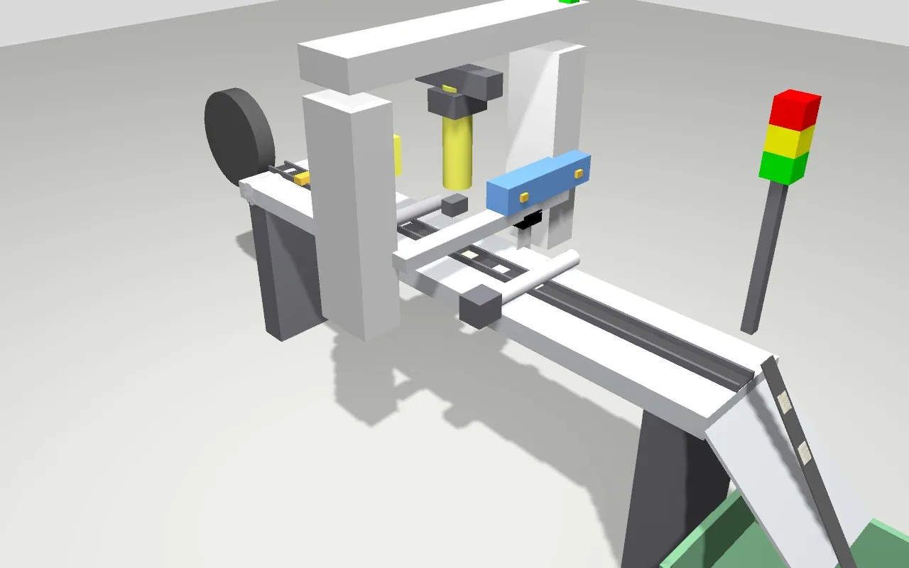 Gazebo model of the belt marking machine with a belt reel, a laser head over the conveyor, a knife station and a signal tower